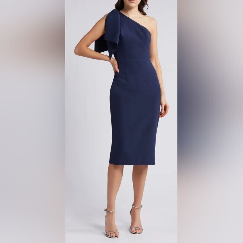 Dress The Population Tiffany One-Shoulder Midi Dress New Size Xl Midnight Blue